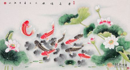 九魚圖國(guó)畫,荷花九魚圖國(guó)畫