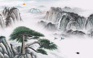 水墨畫迎客松,山水畫迎客松高清圖片